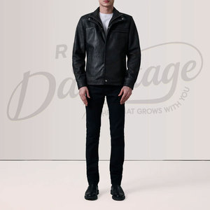 Premium Men Black Textured <b>Leather</b> <b>Jacket</b> Vintage High Neck Double Collar Slim Fit Genuine <b>Leather</b> Casual Fashion Coat - Product Image 5