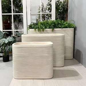 Horti Club Bac à fleurs rectangulaire en ciment à rayures horizontales, style nordique minimaliste, revêtement poudré, pour extérieur, écologique, pour la maison et le jardin - Product Image 3