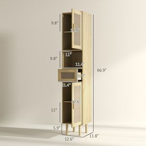 Mobile da bagno alto in rovere con ripiani regolabili e porte in Rattan mobili di stoccaggio indipendenti - Product Image 3