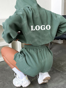 Women Hooded Cotton <b>Tracksuit</b> Set Solid Green Casual Loose Fit Drawstring Shorts Full Sleeve Autumn Wear - Product Image 3