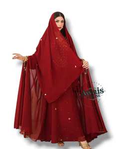 Women's Maroon Embroidered Abaya Floor Length Long Sleeve Floral Pattern Elegant Wedding Dress India Pakistan Style - Product Image 4