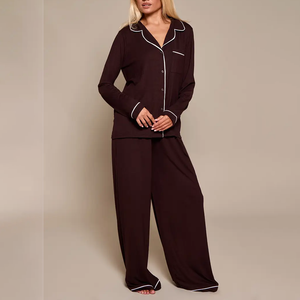 Wholesale <b>Women's</b> Elastic Waist 100% Cotton Satin Woven Fabric Winter Pajamas Set Long Sleeve Smooth <b>Women</b> Sleepwear Pajama Set - Product Image 4