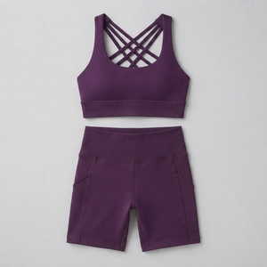 Ensemble de sport 2 pièces pour femme : soutien-gorge croisé violet et short taille haute, sans couture, respirant, pour yoga et activités sportives - Product Image 1