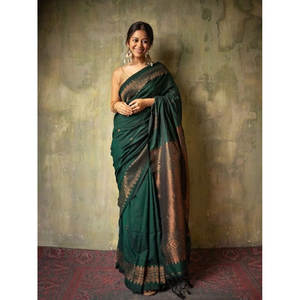 DISEÑADOR BANARASI COBRE DE SEDA SUAVE ZARI TEJIDO TRABAJO SAREE CON BLUSA DESCOSADA VERDE - Product Image 1