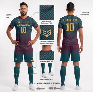 Ensemble de maillots de foot personnalisés sublimés à motif géométrique dégradé, kit de football technique en mesh respirant, chaussettes techniques propres, kit OEM - Product Image 1