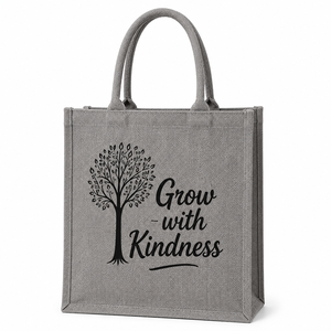 Grow With Kindness Tree Print Jute Shopping <b>Bag</b> <b>Medium</b> <b>Size</b> Zipper Closure Hand Length Handle Gray - Product Image 1