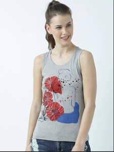 Débardeur Femme Gris à Imprimé Floral, Col Rond, Sans Manches, Tricoté 100% Coton Respirant, avec Logo Avant - Product Image 2