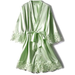 Robe de mariée en dentelle florale transparente pour femme, kimono sexy, lingerie, vêtements de nuit en satin avec ceinture, robe de chambre de mariage - Product Image 3