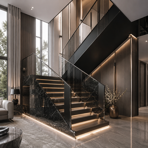 Modern black luxury stair railing with glass panels and vertical balusters for villa hotel and home interiors - Product Image 3