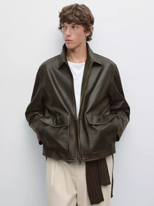Chaqueta de Cuero Genuino para Hombre, Cierre Frontal con Cremallera, Cuello Clásico, Corte Holgado, Bolsillos Grandes con Solapa, Impermeable, Resistente al Viento, Estilo Motero, Invierno - Product Image 1
