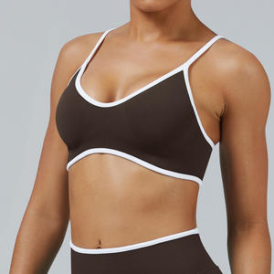 Soutien-gorge de sport côtelé pour femme, col rond, bordure contrastée, extensible, sans couture, pour yoga, fitness, entraînement, crop top - Product Image 5