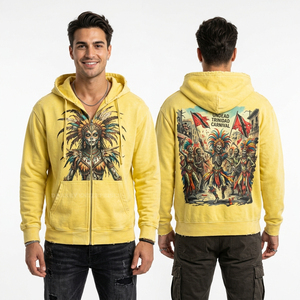Sweat à capuche jaune vintage avec fermeture éclair, motif carnaval de Trinidad, pour homme, style streetwear vieilli, délavé à l'acide, épais - Product Image 1