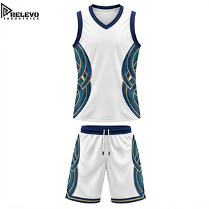 Conjunto de Camiseta y Pantalones Cortos de Baloncesto Sublimados OEM, Blanco y Azul Marino con Paneles Laterales con Nudo Celta en Verde Azulado y Dorado, Uniforme Deportivo - Product Image 1