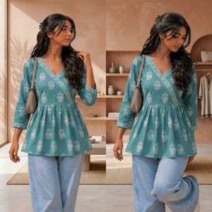 Kurti en coton à imprimé floral bleu pour femmes, coupe ample, haut décontracté, style ethnique, à porter toute l'année, mode indienne - Product Image 1