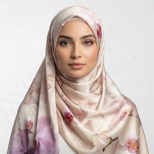 Pañuelos de chifón de diseño premium, hijab cuadrado para mujeres musulmanas, con estampado digital de hojas, transpirables, a la moda, bandanas étnicas. - Product Image 4
