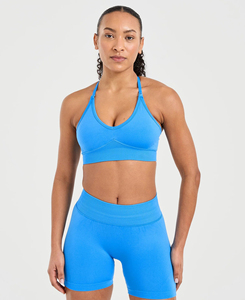 Ensemble de sport côtelé bleu uni sur mesure pour femme : soutien-gorge dos nu et short au-dessus du genou – Coupe sportive, tenue d'entraînement, faible MOQ - Product Image 1