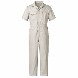 Combinaison de travail pour homme à manches courtes avec logo personnalisé, poches poitrine, poche zippée, uniforme de mécanicien d'atelier, combinaison de travail industrielle, couleur beige - Product Image 1