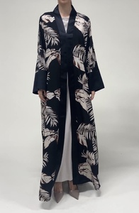 Elegant Women's Long Sleeve Abaya With Tropical Leaf Print Silk Maxi <b>Dress</b> Loose Fit <b>Shawl</b> Collar Daily Wear All Seasons - Product Image 4
