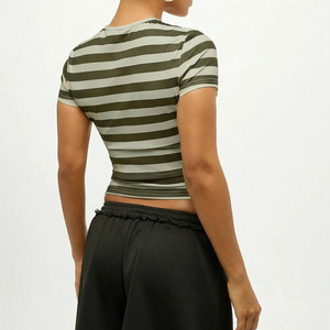 Camiseta corta personalizada con estampado de rayas formales, sexy, para mujer, cuello redondo, manga corta, de algodón suave, jersey de spandex, con bordado. - Product Image 2