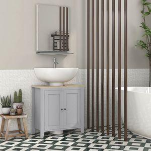 Mobile Bagno in Legno Massello con Lavabo a Colonna, Specchio LED con Intaglio a U, Ripiano Regolabile Grigio - Product Image 2