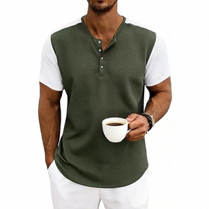 OEM Mens Color Block Henley <b>T</b> <b>Shirt</b> Waffle Knit Short Sleeve Loose Fit Plus Size Casual Summer Fashion European Style <b>T</b> <b>Shirt</b> - Product Image 4