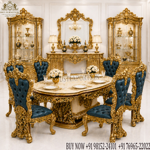 Majestuoso Juego de Comedor de 8 Plazas con Mesa y Sillas Talladas en Hoja de Oro, Estilo Rococó Opulento, Tapizado en Azul Real - Product Image 4