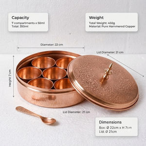 Caja de Masala de Cobre Martillado Hecha a Mano con 7 Recipientes para Especias y Cuchara, Dabba Grabada para Almacenamiento de Especias Indias, Venta al por Mayor OEM - Product Image 5