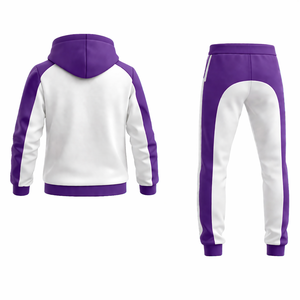 Unisex Purple & White Hooded Tracksuit Set – <b>Zip</b> <b>Up</b> <b>Jacket</b> with Jogger Pants, Slim Fit Casual Sportswear Gym Fitness Outfit - Product Image 4