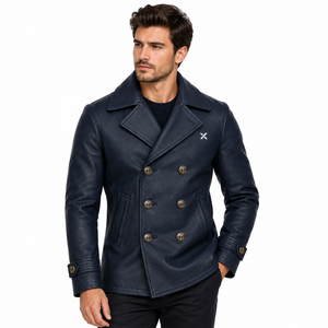 <b>Men's</b> Genuine Leather <b>Pea</b> <b>Coat</b> | <b>Black</b> Brown Navy | OEM ODM Manufacturer | Premium Quality Design | Leather Wear | - Product Image 6