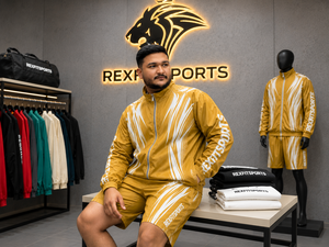 ชุดกีฬา REXFIT SPORTS 2026 เสื้อแจ็คเก็ตและกางเกงขาสั้นแบบสั่งทำพิเศษสำหรับผู้ชาย ชุดกีฬาไนลอนสีมัสตาร์ด ชุดวอร์มสีเหลืองสำหรับผู้ชาย เสื้อแจ็คเก็ตและกางเกงขาสั้นสีเหลือง - Product Image 2