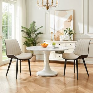 Set di 4 Sedie da Pranzo in Pelle PU Kaki e Grigia con Motivo a Onde, Senza Braccioli e Gambe in Metallo per Cucina e Ristorante - Product Image 2