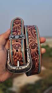 Handcrafted Vintage Floral Tooled <b>Cow</b> Hide Western Cowboy Belt with Turquoise Edge Detailing and Waterproof Rodeo Buckle Style - Product Image 1