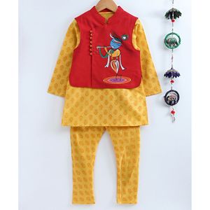 Boys' Yellow Full Sleeves All-Over Printed Polyester Kurta Pyjama Jacket XL Size Stretchable for <b>Saree</b> Lehenga Choli Choli Look - Product Image 1