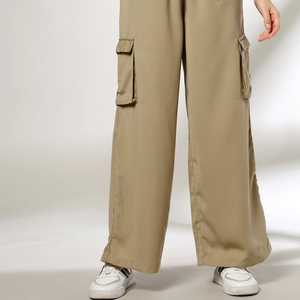 Pantalones Cargo de Cintura Alta para Mujer, Color Sólido, Cintura Elástica, Corte Holgado, Largos, Casuales, de Lona Transpirable - Product Image 1