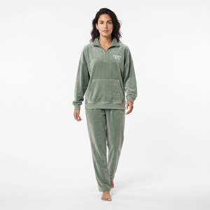 Wholesale Women's Oversized Solid Green Fleece Tracksuit Thick Half <b>Zip</b> <b>Sweatshirt</b> Loose Jogger Pants Solid Color Custom - Product Image 3
