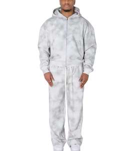 Winter Street Style Mid Waist Heavy Fleece Light Grey <b>Tie</b> Dye Tracksuit for Men Zip Up Hoodie and Sweatpants Set Streetwear - Product Image 6
