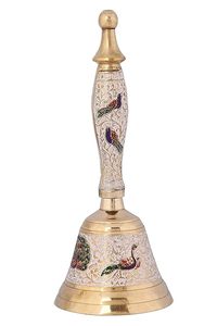 Campana de Puja de Latón con Diseño de Pavo Real en Meenakari Plateado y Mango de Madera para Adoración en el Hogar - Product Image 2