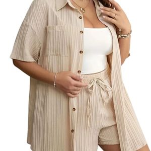Conjunto Casual de Dos Piezas para Mujer, Camisa con Botones y Pantalones Cortos con Cordón, Talla Grande, Ropa de Verano para Estar en Casa - Product Image 3