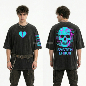 T-shirt homme gris anthracite 200 GSM personnalisé avec motif crâne 'System Error Glitch' style streetwear, fabricant grossiste, marque privée - Product Image 1