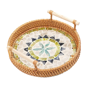 Bandeja Redonda de Ratán con Madreperla, Cesta Redonda de 16 Pulgadas con Asa para Almacenamiento de Tazas de Café en la Oficina - Product Image 5