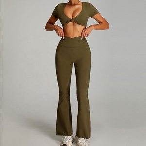 Custom 2026 Olive Green Seamless Yoga Set Spaghetti Strap <b>Crop</b> <b>Top</b> High Waist Flared Pants 2 Piece Breathable Spandex Polyester - Product Image 2