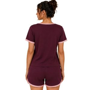 Burgundy And Pink Women Two Piece Shorts Set Square Neck Button <b>Top</b> Contrast Trim Graphic Print Casual Summer Cotton Lounge Wear - Product Image 2