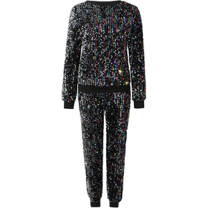 Ensemble 2 pièces de qualité supérieure, à sequins, manches longues, col rond, coupe ample, pantalon longueur cheville avec imprimé pailleté, polyester, tenue de club sexy - Product Image 1