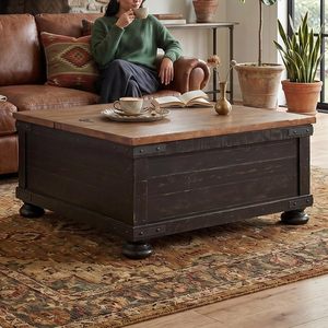Table basse coffre de rangement en bois rustique avec plateau relevable à charnières, style industriel antique et campagnard, pour couvertures et décoration de salon - Product Image 3