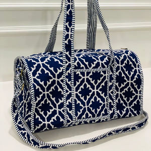 Blue White Geometric Trellis Print Lightweight Eco-Friendly Cotton Travel Duffle <b>Bag</b> <b>Large</b> Capacity Weekend <b>Crossbody</b> Handbag - Product Image 1