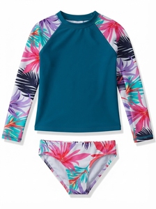 Maillot de bain à manches longues pour filles, protection solaire UPF 50+, tissu rafraîchissant en polyester et élasthanne, coutures plates, pour activités aquatiques - Product Image 2