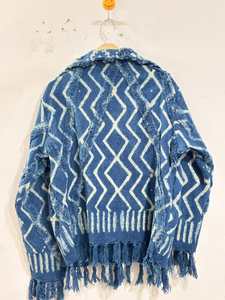 Chaqueta de Algodón Transpirable con Diseño Geométrico Azul para Mujer, Estilo Otoñal, con Flecos, Cuello Camisero, Manga Larga, Estilo Vacacional - Product Image 4