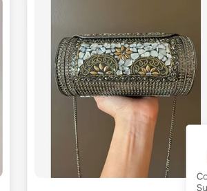 Metal Mosaic Clutch with Pearl Strap Handmade Engraved Party Purse for <b>Brides</b> and Fashionable Evenings - Product Image 4