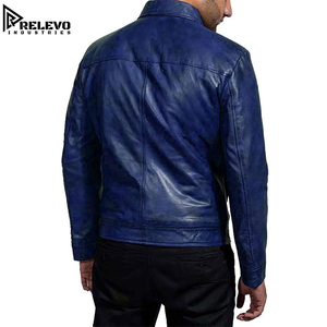 Chaqueta Premium para Hombre, Azul Marino, de Cuero Genuino Ecológico, Estilo Urbano, Cierre de Cremallera, Casual, Estilo Motociclista, Acabado Frontal Clásico - Product Image 3