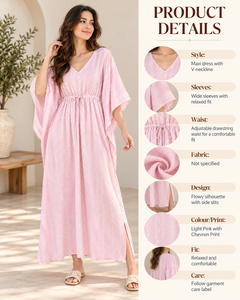 Robe longue bohème géométrique tissée rose pour femme, col en V, sans manches, taille ample avec cordon de serrage, décontractée d'été, kaftan de plage 100% coton - Product Image 6